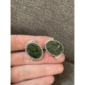 Vintage Sterling Silver Signed P.R.K. Round Oval Shape Jade Stone‎ Cufflinks